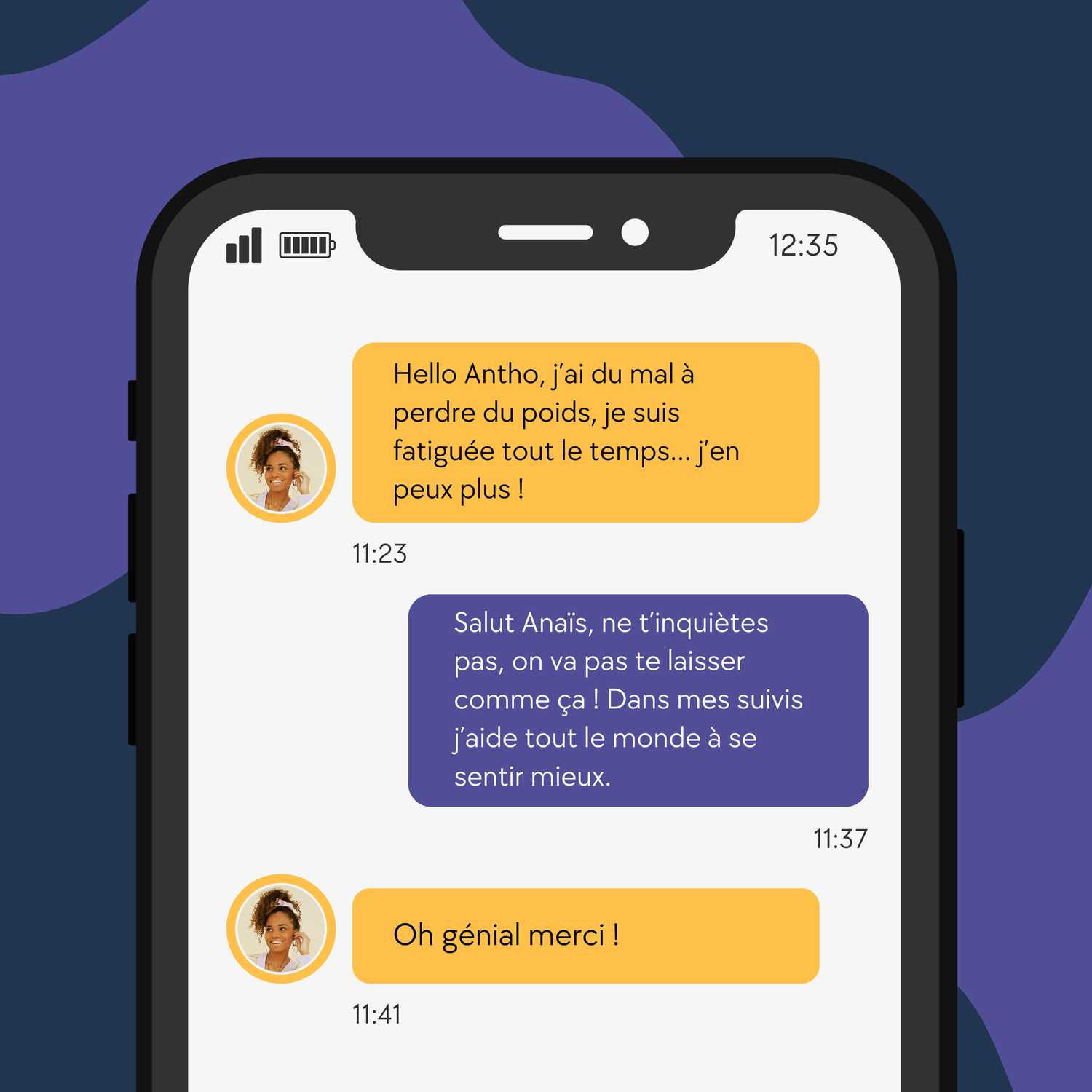 Échange par message entre une cliente et Anthony