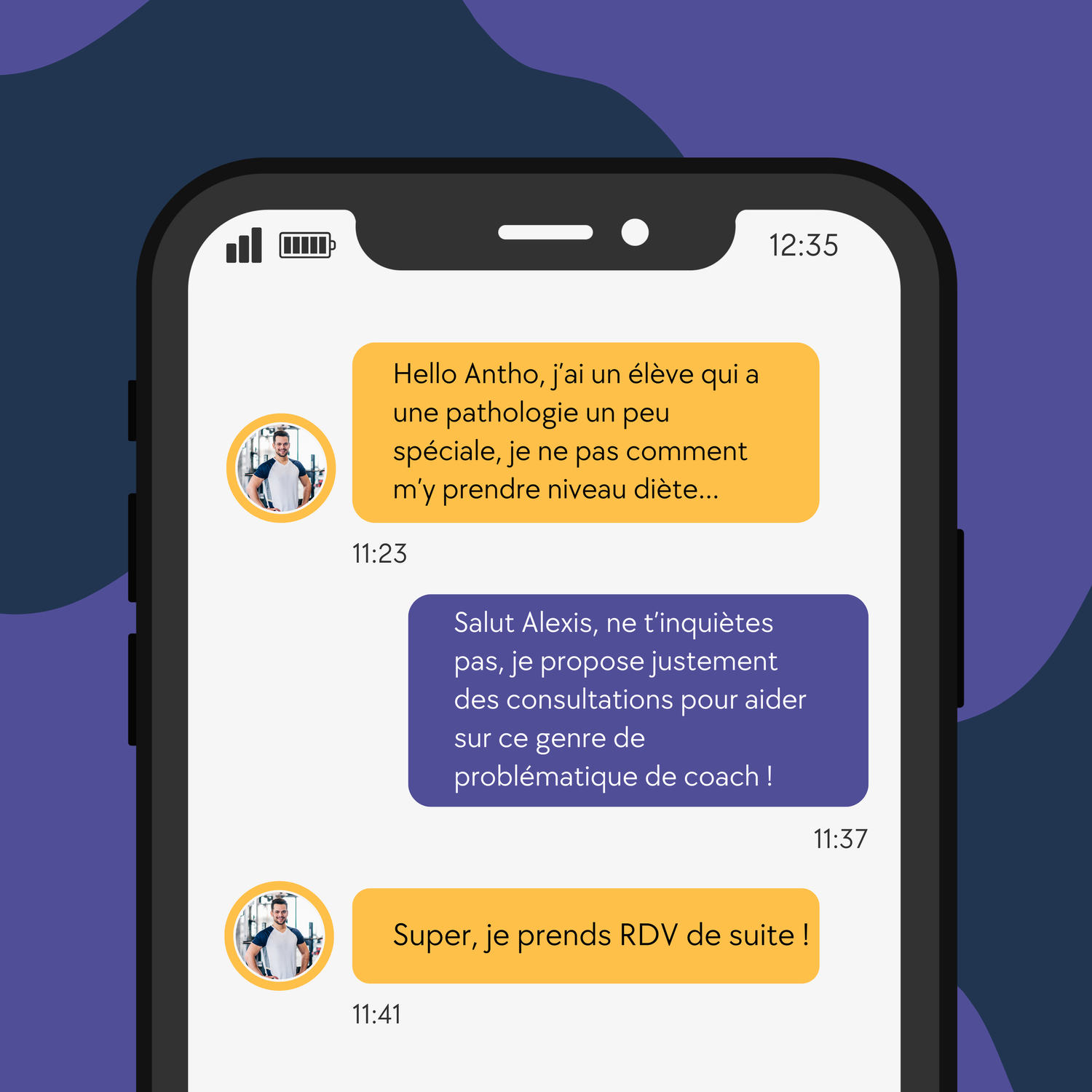 Échange par message entre un coach et Anthony